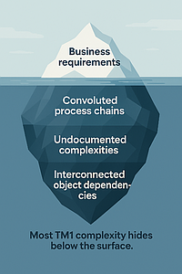 Iceberg diagram, metaphor showing visible TM1 model logic above water, hidden complexity (feeder logic, process chains, undocumented rules) beneath the surface