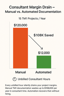 Bar chart comparing manual and automated TM1 documentation time per project.